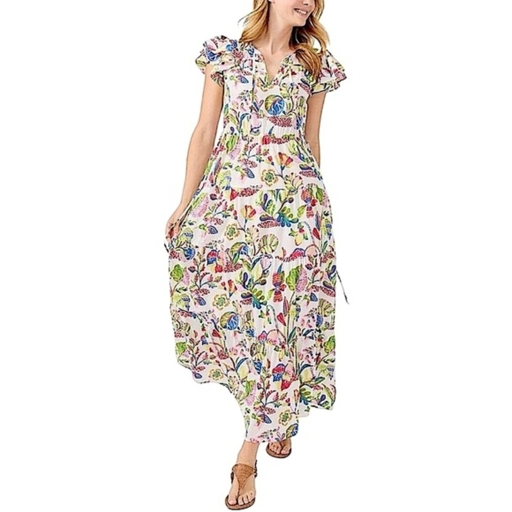 J.McLaughlin Fram Maxi‎ Dress Neon Floral Flutter Sleeve Boho Resort Florida